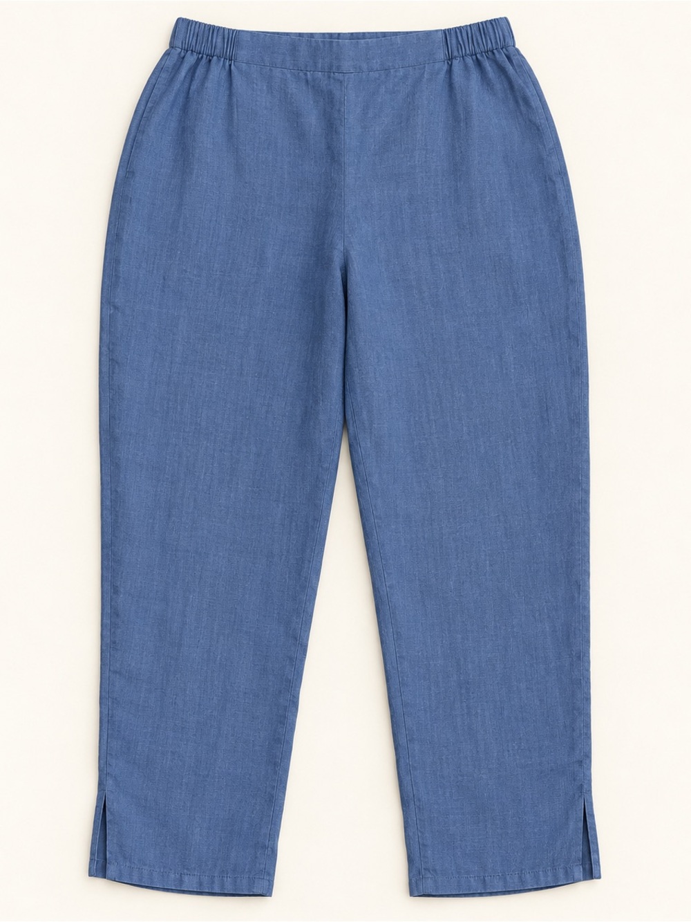 Flax 100% Linen Cropped Chambray Blue Flat Front & Elastic Back Waist Band Pants